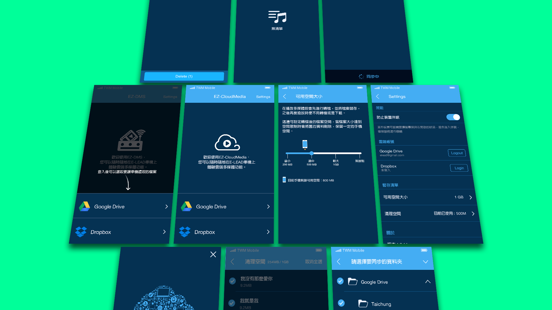 EZ-CloudMedia UI screen set for sync, storage, and settings